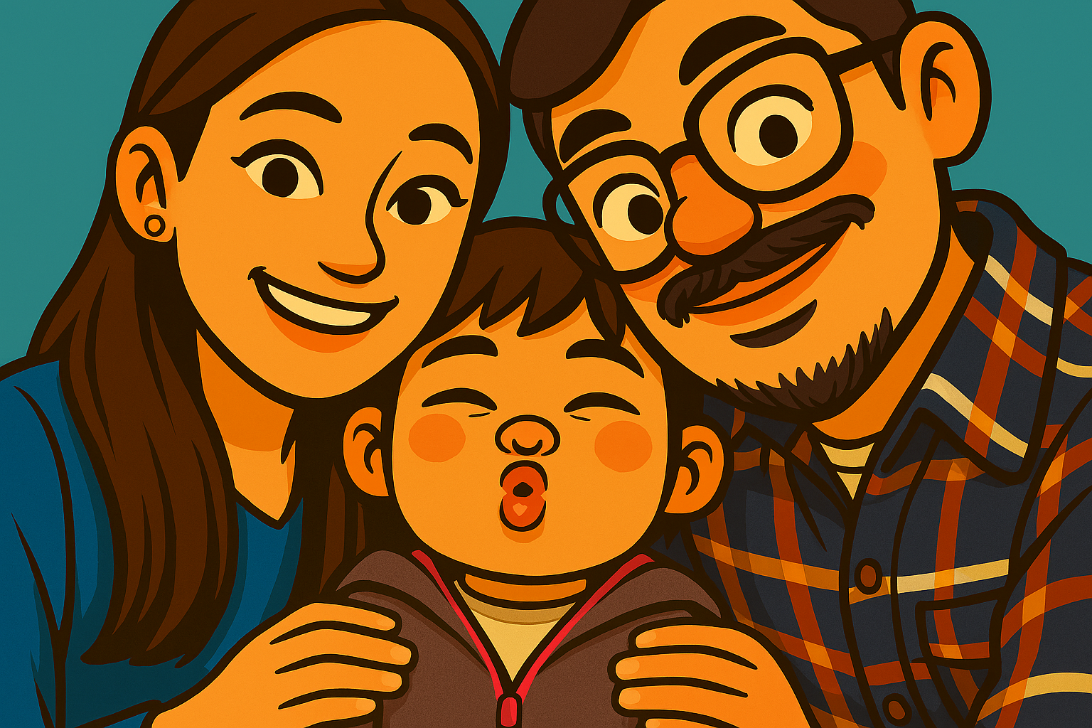 Portrait-of-two-happy-adults-and-one-child-cartoon