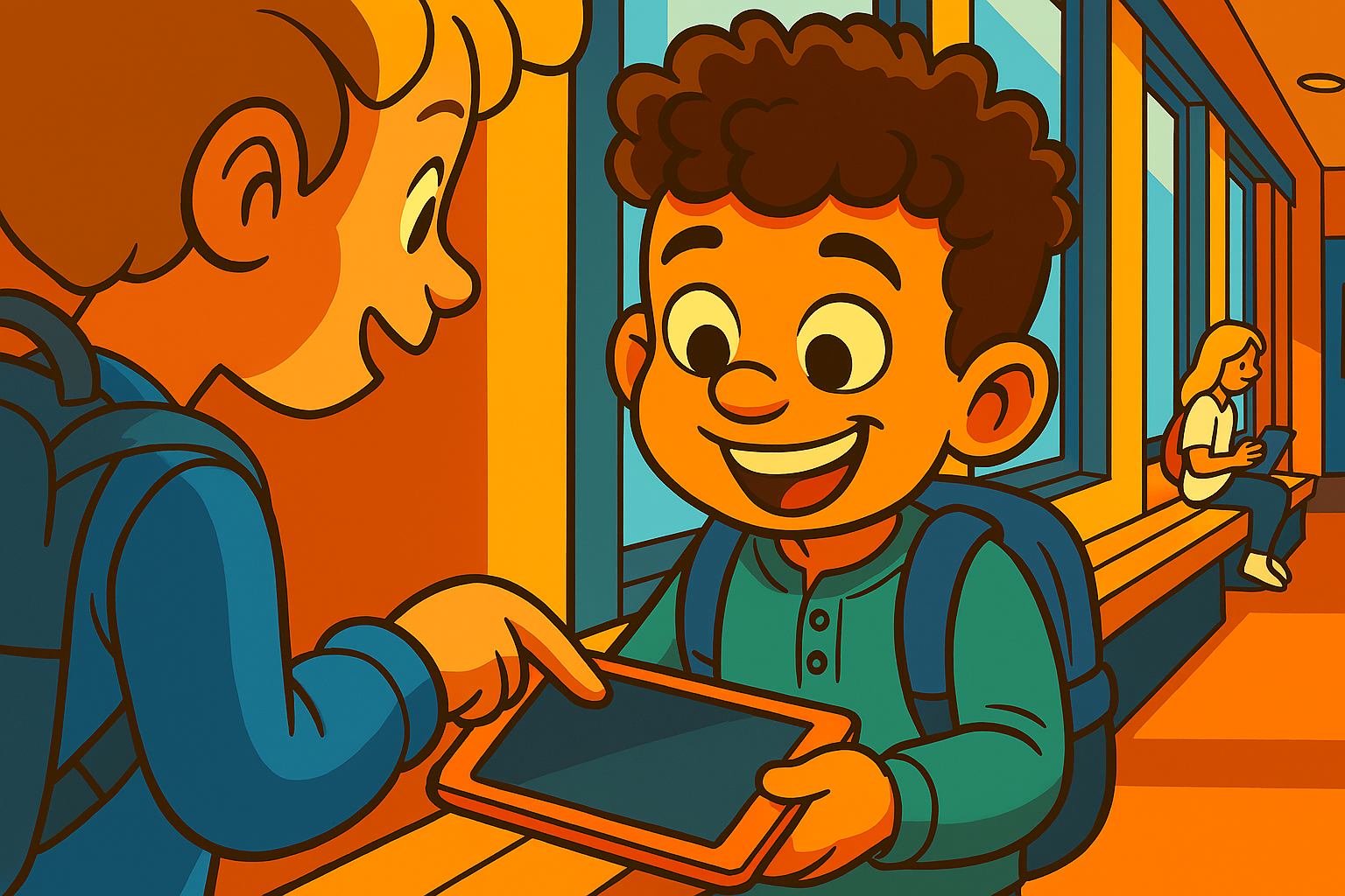 Smiling-school-boys-sharing-a-tablet-cartoon
